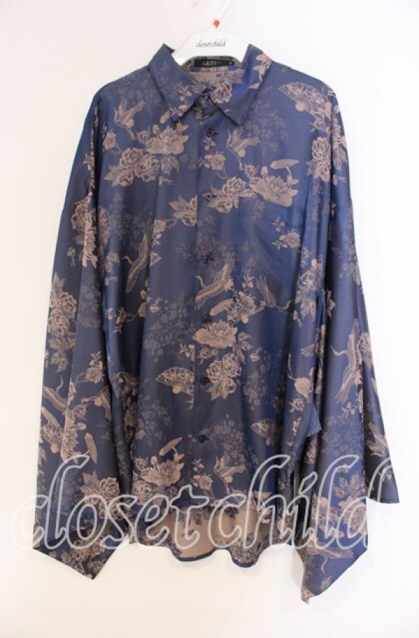 画像1: REZEN / 鶴×扇子ジャガード和袖シャツ M 孔雀青 O-25-12-04-040-PU-BL-OW-OS (1)