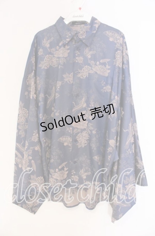 画像1: REZEN / 鶴×扇子ジャガード和袖シャツ M 孔雀青 O-25-12-04-040-PU-BL-OW-OS (1)