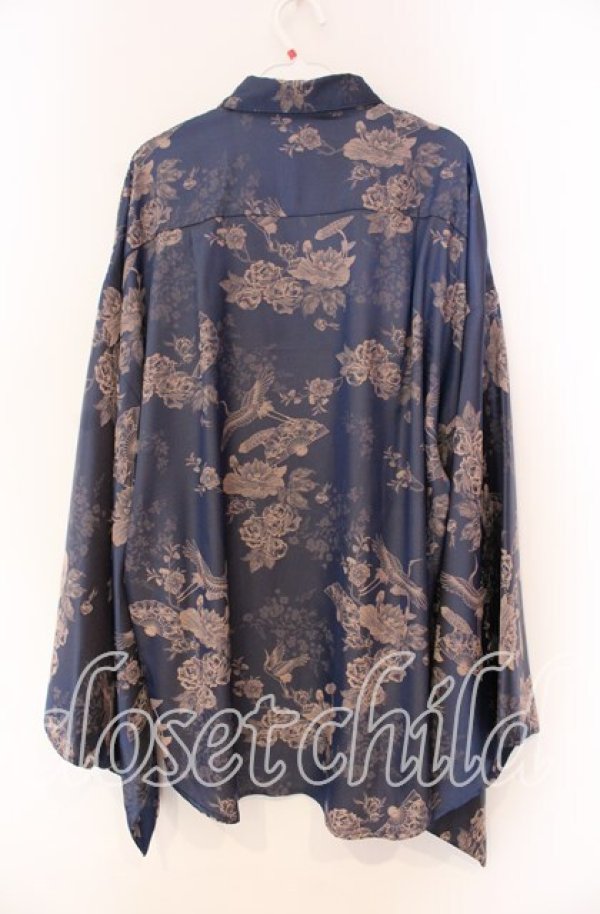 画像3: REZEN / 鶴×扇子ジャガード和袖シャツ M 孔雀青 O-25-12-04-040-PU-BL-OW-OS (3)