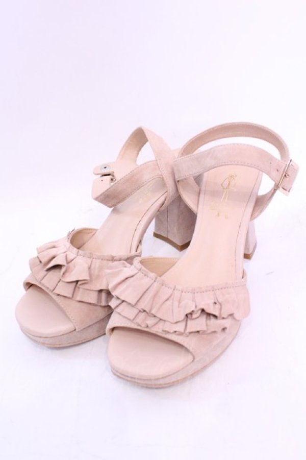 画像1: あしながおじさん / 本革レザーフリルデザイン厚底サンダル L ベージュ O-25-12-04-1046-PU-SH-OW-ZT-K002 (1)