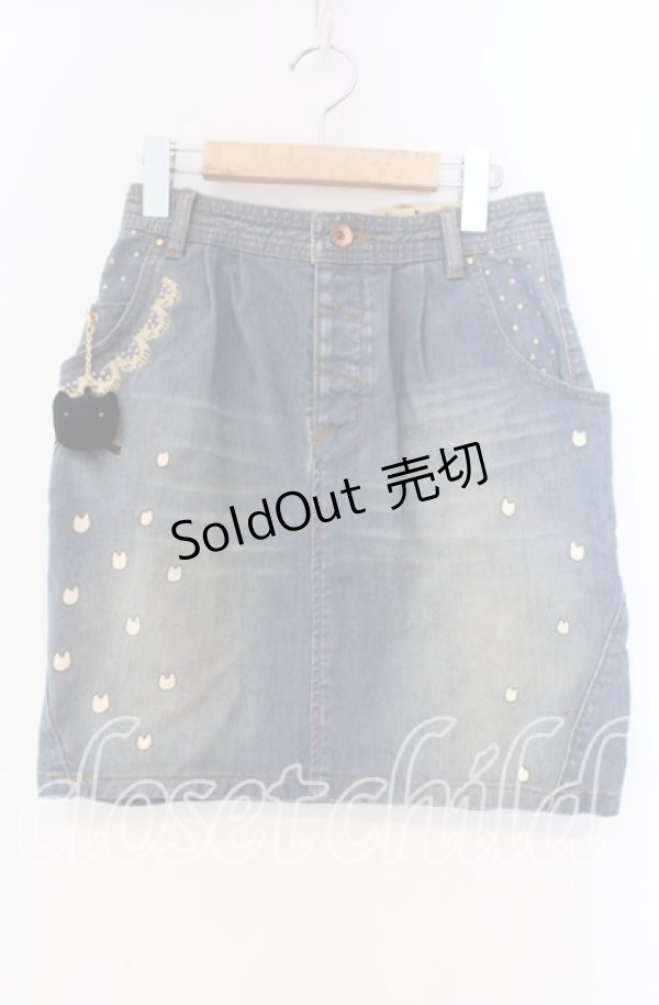 画像1: Franche Lippee / ねこモチーフ付きデニムスカート S ブルー O-25-12-04-009-LO-SK-OW-OS (1)