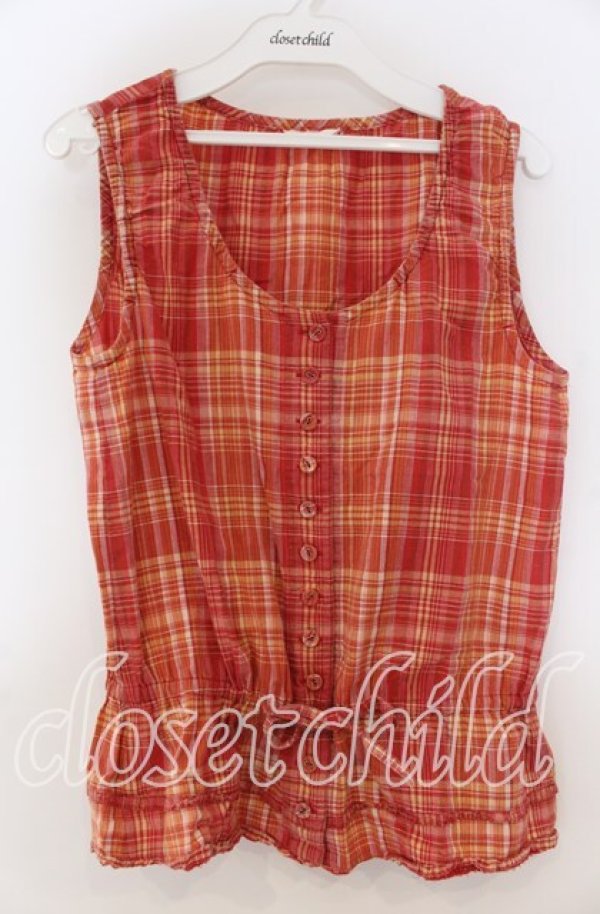 画像1: PINK HOUSE / リボン&チェックノースリーブブラウス  アカ O-25-12-05-1041-LO-BL-IG-ZT489 (1)