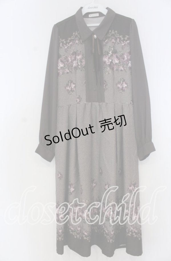 画像1: axes femme / バラ×千鳥柄襟付ワンピース M ブラウン O-25-12-05-1021-AX-OP-OW-OS (1)