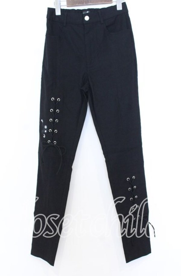 画像1: NieR CLOTHING / レースアップストレッチパンツ F ブラック O-25-12-05-067-PU-PA-YM-ZT037 (1)