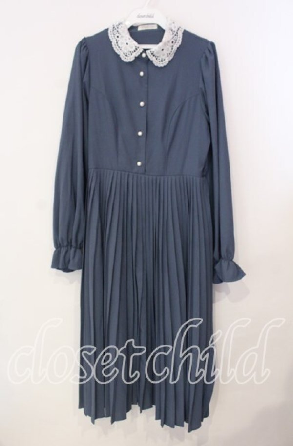 画像1: m petit by misako / AM*レースエリプリーツワンピース M アオ O-25-12-09-014-LO-OP-OW-OS (1)