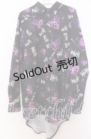 画像: NieR CLOTHING / 総柄ワイドシャツ L ブラックｘパープル O-25-12-10-046-PU-BL-YM-ZT519