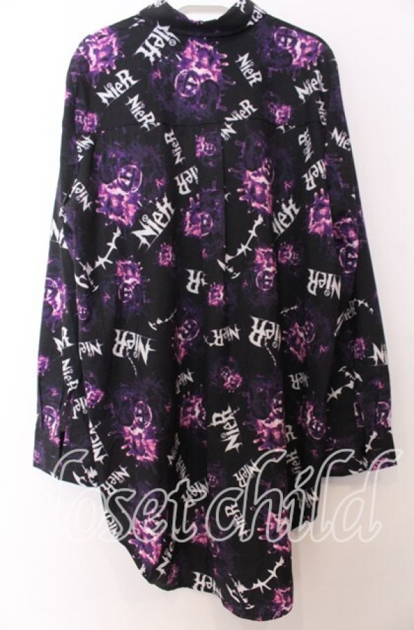 画像2: NieR Clothing / 総柄ワイドシャツ L ブラックｘパープル O-25-12-10-046-PU-BL-YM-OS (2)
