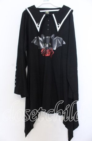 画像: LISTEN FLAVOR / 薔薇と黒猫のコウモリセーラーワンピ  ブラック×ホワイト O-25-12-10-029-PU-OP-IG-OS