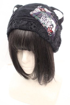 画像: HANGRY&ANGRY / ワッペン付き猫耳ニットキャップ  ブラック O-25-12-11-1043-HN-AC-OW-OS