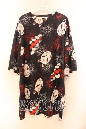 画像: ACDC RAG / 狐面と彼岸花半袖チュニックヒュージＴシャツ  ブラック O-25-12-13-039-PU-TO-OW-OS