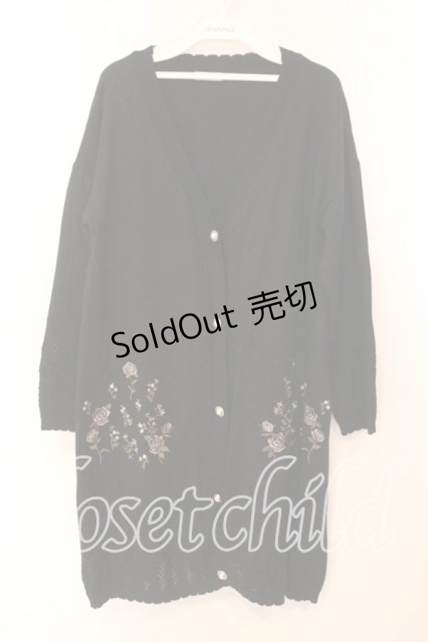 画像1: axes femme / バラ刺繍ロングニットカーデ  クロ O-25-12-13-090-AX-TO-IG-OS (1)