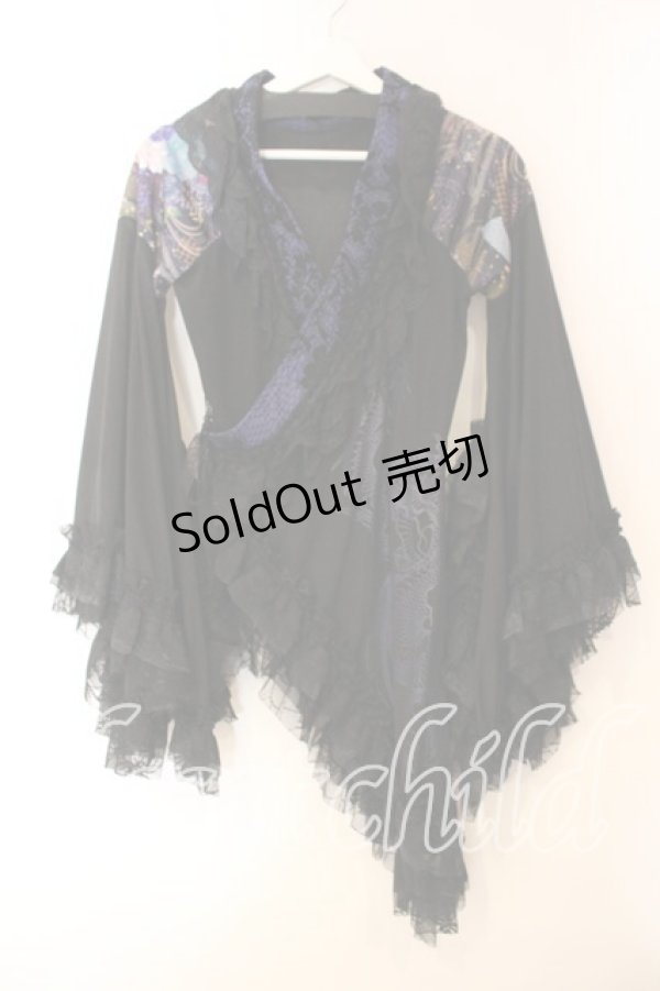 画像1: Qutie Frash / メッシュショルダーアシメ着物カーディガン  ブラック×ブルー O-25-12-15-079-QU-JA-OW-OS (1)