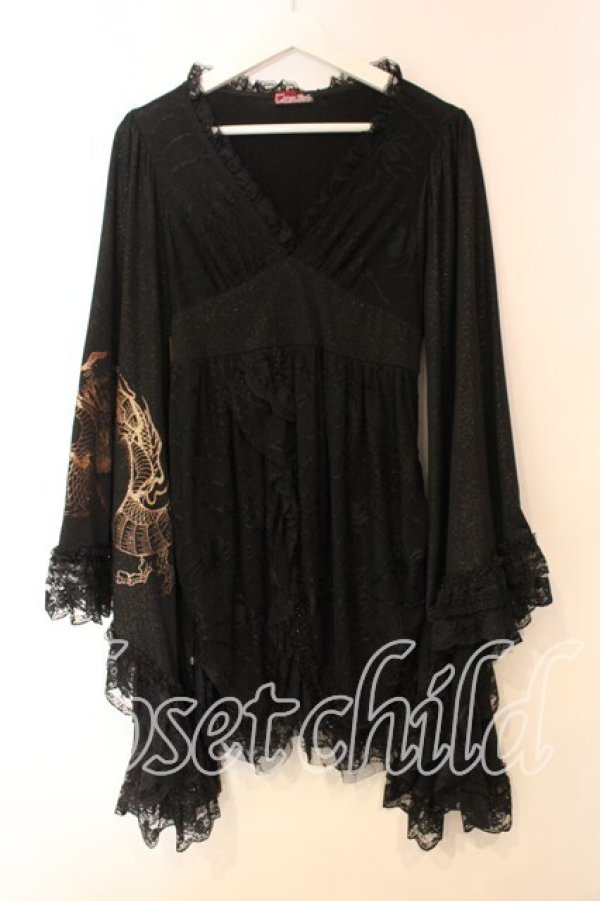 画像1: Qutie Frash / 蜘蛛メッシュ振袖ワンピース  ブラック O-25-12-15-082-QU-OP-OW-OS (1)