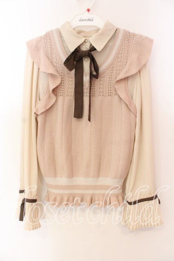 画像1: axes femme POETIQUE / ニットベスト付きブラウス M ピンク×キナリ O-25-12-15-024-AX-TO-OW-OS (1)