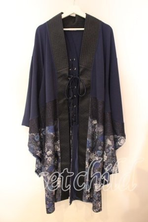 画像: Qutie Frash / 和柄切り替え着物ロングカーディガン  ブルー O-25-12-16-066-QU-JA-OW-OS