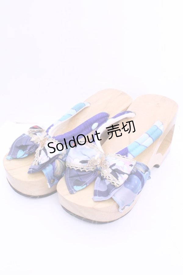 画像1: Empty wardrobe / 和柄下駄風サンダル L ナチュラル×ブルー O-25-12-18-1033-LO-SH-OW-OS (1)