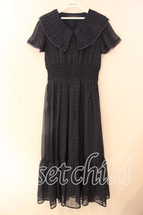 画像1: an another angelus / プリーツフリル衿シアーチェックワンピース F ネイビー O-25-12-18-082-CA-OP-OW-OS (1)