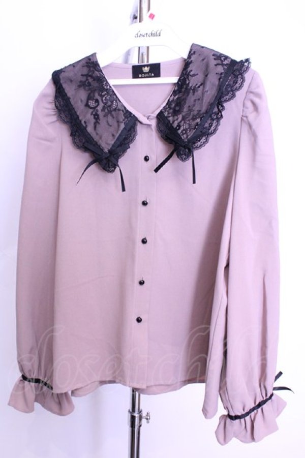 画像1: Rojita / リボン付き配色レース衿長袖ブラウス  ピンク O-25-12-18-2051-LO-BL-IG-OS (1)