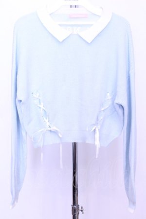 画像: Honey Cinnamon / レースアップ襟付きショートニット  サックス O-25-12-18-2030-LO-TO-IG-OS