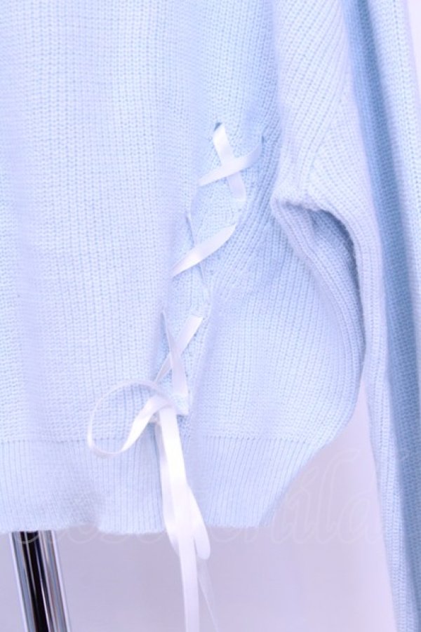 画像2: Honey Cinnamon / レースアップ襟付きショートニット  サックス O-25-12-18-2030-LO-TO-IG-OS (2)