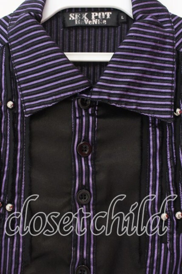 画像2: SEX POT ReVeNGe / ストライプスタッズブラウス Ｌ パープル×ブラック O-25-12-18-016-SP-BL-IG-OS (2)