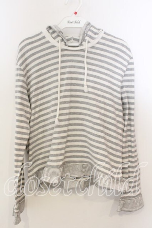 画像1: WONDERFUL WORLD / フード付きボーダーカットソー  シロ×グレー O-25-12-19-042-LO-TO-OW-OS (1)