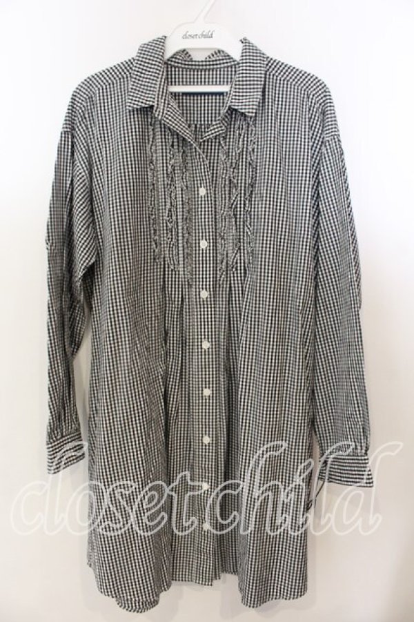 画像1: PINK HOUSE / ピコフリル使いギンガムチェックシャツワンピース  クロ O-25-12-19-055-LO-OP-OW-OS (1)