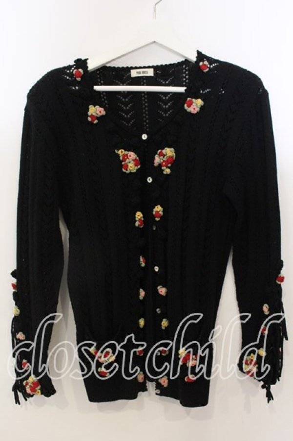 画像1: PINK HOUSE / フラワーモチーフ使い透かし編みカーディガン  クロ O-25-12-19-023-LO-TO-OW-OS (1)