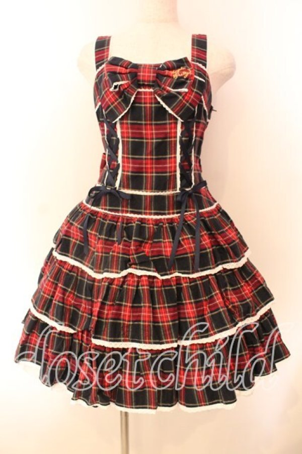 画像1: Angelic Pretty / Fancyタータンチェックジャンパースカート  ネイビー×アカ O-25-12-20-015-AP-OP-OW-OS (1)
