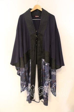 画像: Qutie Frash / 和柄切り替え着物ロングカーディガン  ブルー O-25-12-22-096-QU-JA-OW-OS