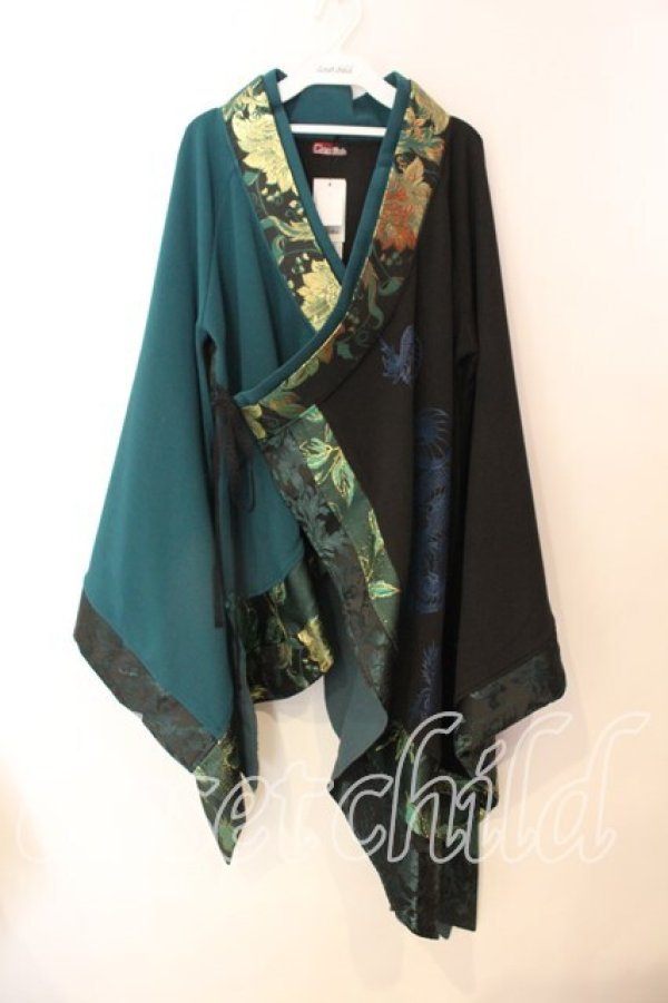 画像1: Qutie Frash / アシメ着物カーデ  ブラック×グリーン O-25-12-25-038-QU-JA-IG-OS (1)