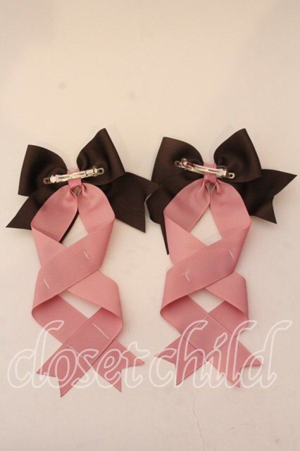 画像2: LOTUS ribbon / ツインテールリボンバレッタ  ピンク×ブラウン グログラン O-25-12-26-049-EL-ZA-IG-OS (2)