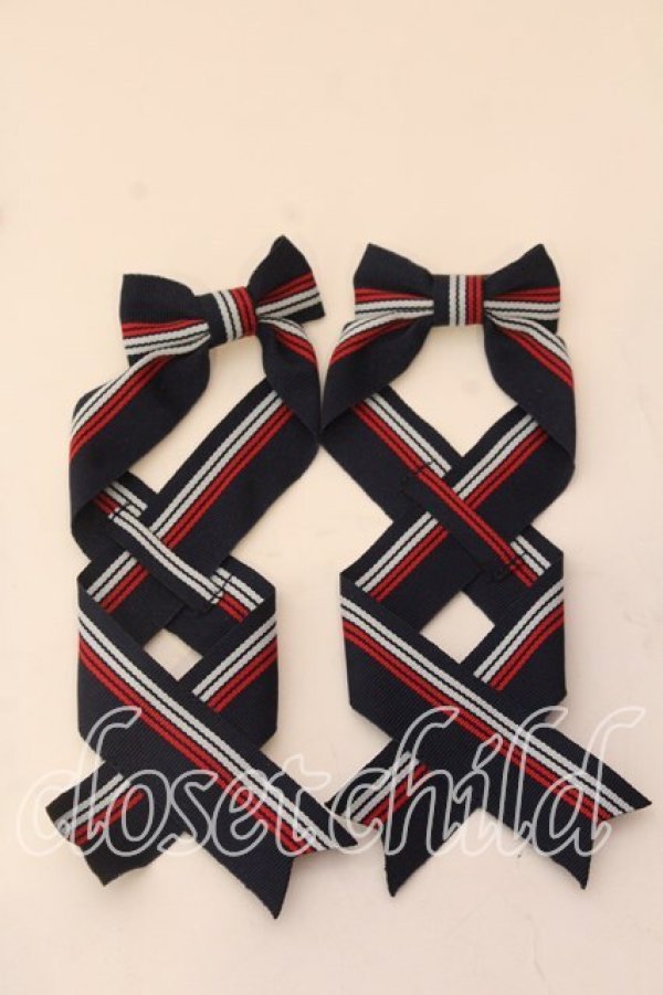 画像1: LOTUS ribbon / ツインテールリボンバレッタ  ネイビー×ストライプ O-25-12-26-062-EL-ZA-IG-OS (1)