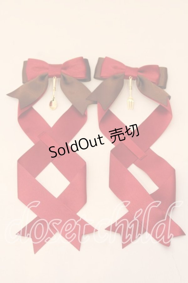 画像1: LOTUS ribbon / ツインテールリボンバレッタ  アカ×ブラウン カトラリー O-25-12-26-063-EL-ZA-IG-OS (1)