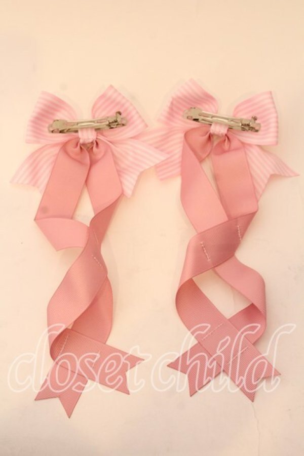 画像2: LOTUS ribbon / ツインテールリボンバレッタ  ピンク×ストライプ O-25-12-26-067-EL-ZA-IG-OS (2)