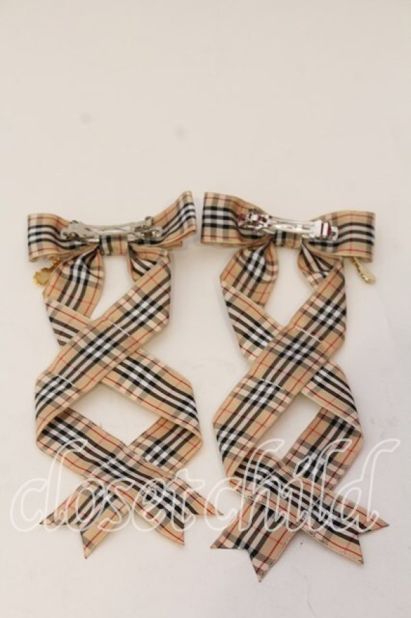 画像2: LOTUS ribbon / ツインテールリボンバレッタ  ベージュチェック×バイオリンチャーム O-25-12-26-085-EL-ZA-IG-OS (2)