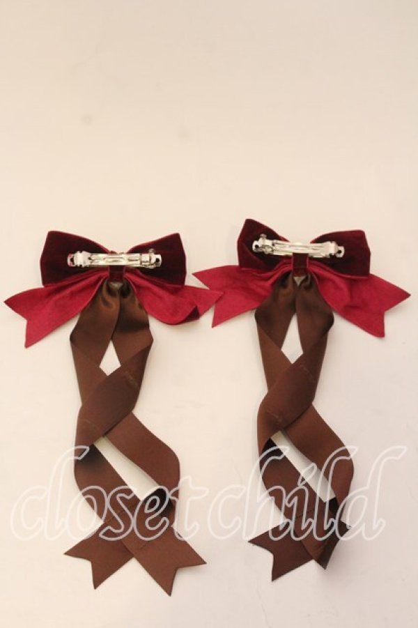 画像2: LOTUS ribbon / ツインテールリボンバレッタ  ブラウン×ベロアワイン O-25-12-26-087-EL-ZA-IG-OS (2)