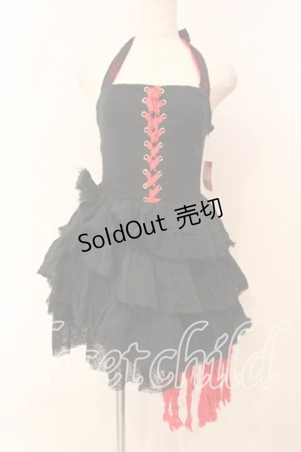 画像1: HELL CAT PUNKS / ガーゼ異素材ホルターワンピース  ブラック×レッド O-25-12-29-001-PU-OP-IG-OS (1)