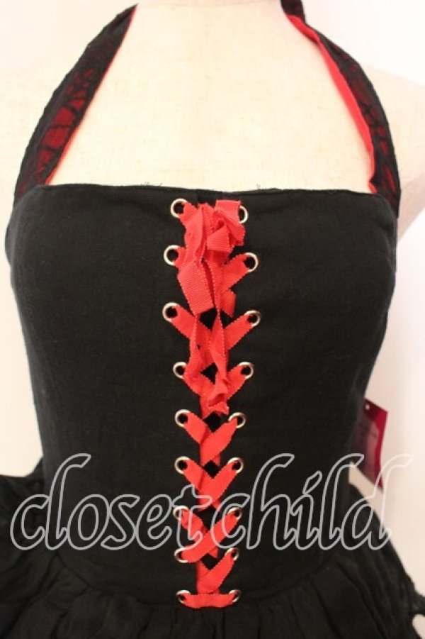 画像2: HELL CAT PUNKS / ガーゼ異素材ホルターワンピース  ブラック×レッド O-25-12-29-001-PU-OP-IG-OS (2)