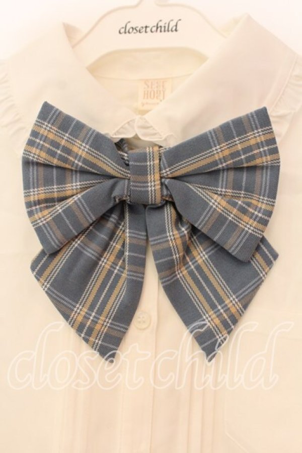 画像2: Secret Honey / チェックタイ&リボンタイブラウス 2 シロｘブルー O-25-12-30-013-CA-BL-YM-OS (2)