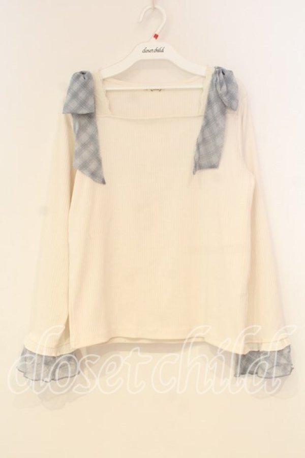 画像1: axes femme / チェック柄シフォンリボンプルオーバー F キナリ×サックス O-26-01-08-049-AX-TO-OW-OS (1)