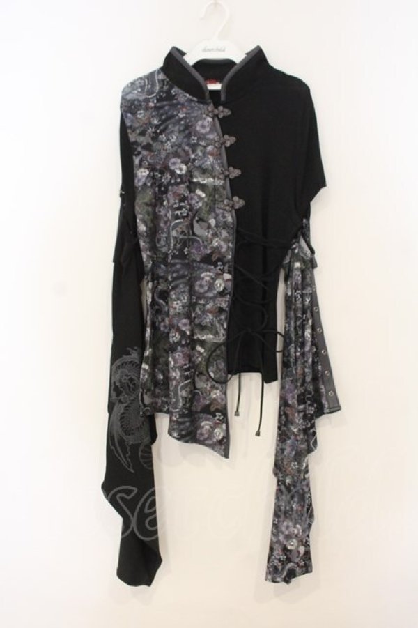 画像1: Qutie Frash / チャイナ着物袖カットソー  ブラック O-26-01-10-001-QU-TO-YM-OS (1)