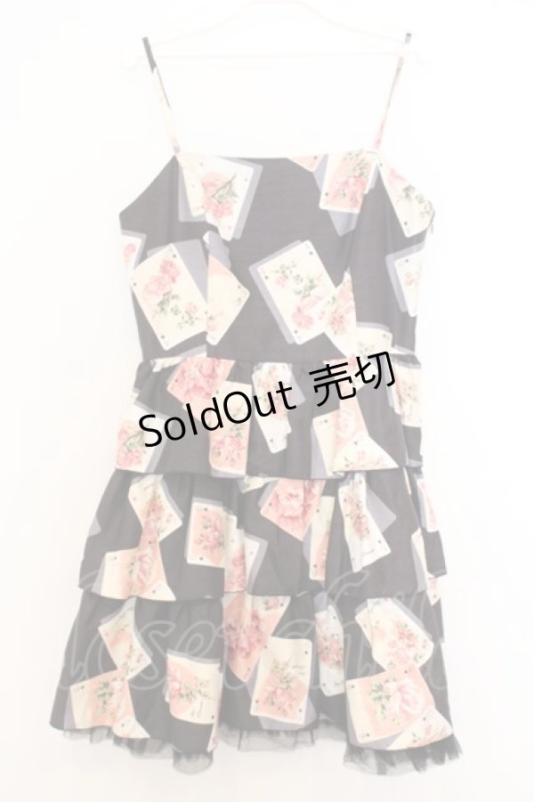 画像1: JESUS DIAMANTE / バックリボンミニーワンピ 42 トランプ薔薇柄黒 O-26-01-11-013-JE-OP-OW-OS (1)