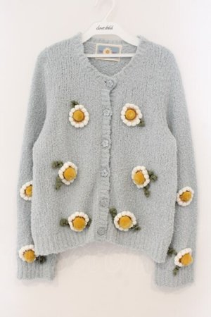 画像: PINK HOUSE / マーガレットモチーフ使いニットカーディガン  サックス O-26-01-12-046-LO-TO-IG-OS