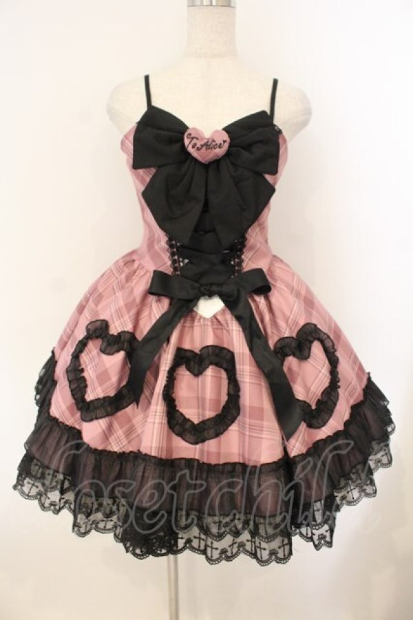 画像1: Black Shamrock / チェック×ハートビッグリボンジャンパースカート M ピンク×クロ O-26-01-12-052-0-OP-OW-OS (1)