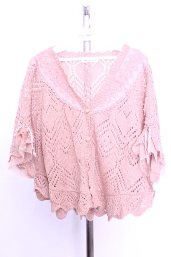 画像1: axes femme / ハート透かし編みポンチョ  ピンクベージュ O-26-01-12-1046-AX-TO-IG-OS (1)