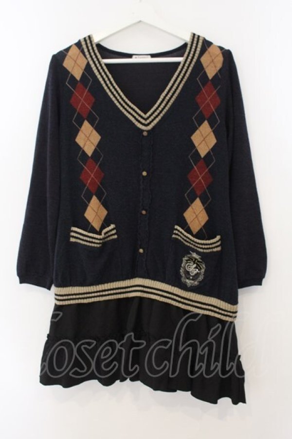 画像1: axes femme / アーガイル柄カーデ風ワピース M ネイビー O-26-01-15-067-AX-OP-YM-OS (1)