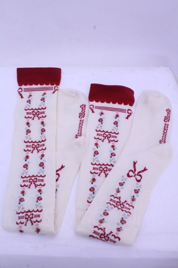 画像1: Innocent World / マリンローズオーバーニーソックス  アイボリー×アカ O-26-01-15-1044-IW-ZA-OW-OS (1)