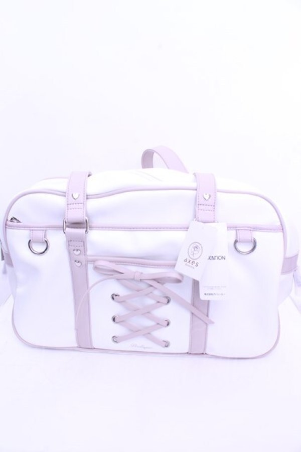 画像1: axes femme POETIQUE / レースアップボストンバッグ 40×26×10cm オフシロ×ピンク O-26-01-15-1013-AX-BG-IG-OS (1)