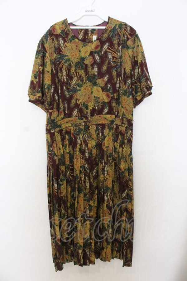 画像1: KANEKO ISAO / フラワー＆ペイズリー柄プリーツ半袖ワンピース  ワイン O-26-01-15-021-0-OP-IG-OS (1)